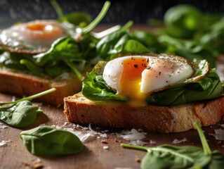 Avocado Sandwich with Fried Egg - sliced avocado and egg on toasted bread with arugula for healthy breakfast or snack.