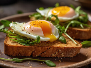 Avocado Sandwich with Fried Egg - sliced avocado and egg on toasted bread with arugula for healthy breakfast or snack.