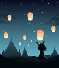 Vesak greeting card illustration. A girl releasing a lantern into the sky © Arun