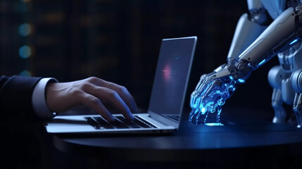 Robotic man hand pressing a keyboard on a laptop working, connecting with AI online and using a chat GPT.  IT engineer software developer programmer, future world, 