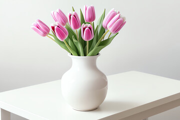Pink tulips on white vase in a white table from Generative AI