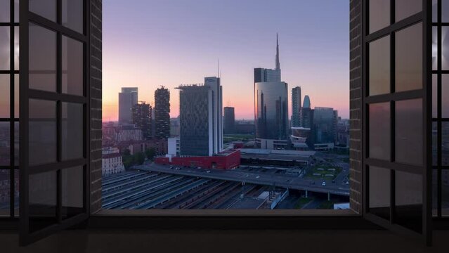 milan skyline timelapse night to day window open over financial business city,modern skyscrapers of porta nouva district