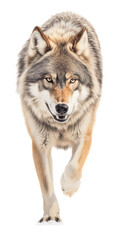 a Timberwolf full body in an aggressive stance, frontal view in a Nature-themed, photorealistic illustration in a transparent PNG, cutout, and isolated. Generative ai