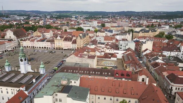 Czech Budweis square old town fountain tower. Great aerial top view flight drone