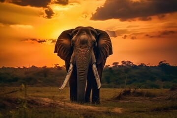 Fototapeta na wymiar Elephant with trunk up at sunset in Sri Lanka. Generative AI