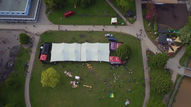 Czech city Budweis park party, Soccer field Perfect aerial top view flight drone
