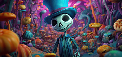 A psychedelic skeleton madhatter in a colorful wonderland. Halloween holidays placard. AI generative