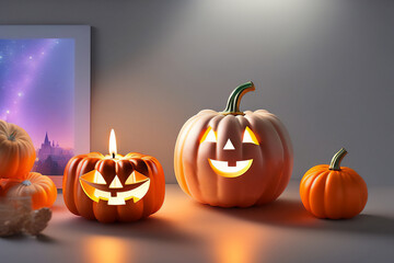 Halloween pumpkins next to a frame with stars and mountains. Generative AI.