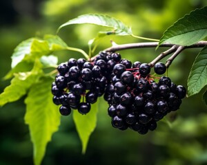 elderberries on a branch with lush green leaves