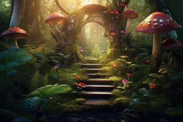 Fantasy enchanted fairy tale forest with magical opening. Generative AI