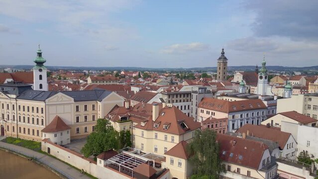Old town Budweis bridge over river. Beautiful aerial top view flight drone