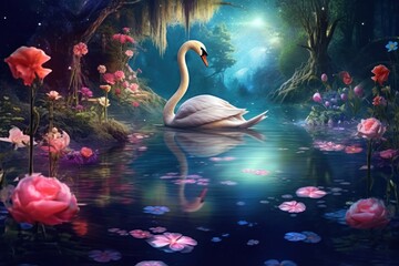 Fantasy magical enchanted fairy tale landscape with swan. Generative AI