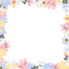 Fototapeta na wymiar Cute floral pastel color square frame. Summer vector border with different flowers on white background. Template for invitation or greeting card