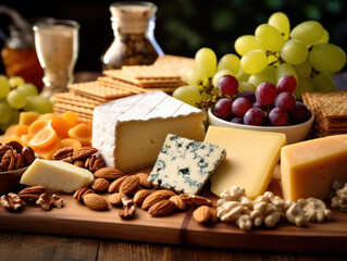 Assortment of cheeses, a bottle of wine, honey, nuts and spices, on a wooden table