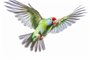 Flying big green ringed or Alexandrine parakeet. Generative AI