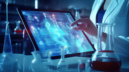 Healthcare and medicine concept. Technician using digital tablet, studying chemical elements in hospital laboratoty, Medical Research. 