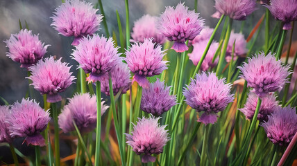 Obraz premium Chives flowering in a garden, Bright color. Generative ai
