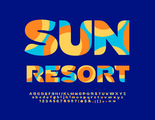 Obraz premium Vector colorful Emblem Sun Resort. Bright Creative Font. Artistic Alphabet Letters and Numbers