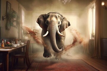 Frightened elephant runs inside restaurant. Generative AI