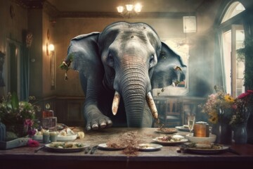 Fototapeta na wymiar Frightened elephant runs inside restaurant. Generative AI