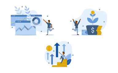 investment illustration set. characters analyze and invest in the currency exchange market to profit and growth their own money. money increasing concept. vector illustration.