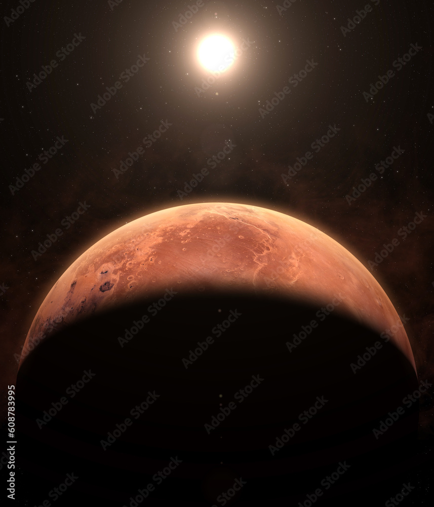 Canvas Prints planet mars, nebula, galaxy and sun. the planet mars appearing from the darkness of outer space. ele