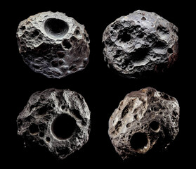Asteroids isolated on black background. High resolution. A set of meteorites isolated on pure black for easy of use and integration into your design. © revers_jr