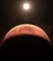 Planet Mars, nebula, galaxy and Sun. The planet Mars appearing from the darkness of outer space....