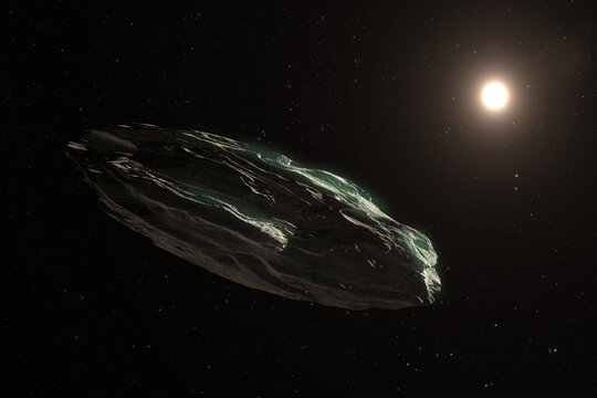 Lone asteroid in field of stars and sun. Elements of this image furnished by NASA.