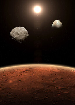 Mars, Phobos and Deimos. Mars is a red planet of the solar system. Elements of this image furnished by NASA.
