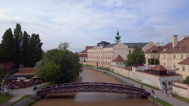 Czech Old town Budweis bridge over river. Fabulous aerial top view flight drone