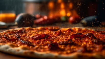 Cayenne pepper flakes on top of a fresh, steaming pizza