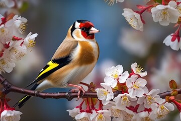 Goldfinch (Carduelis carduelis) - Single bird. Generative AI - obrazy, fototapety, plakaty