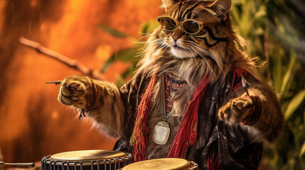 happy cat playing bongo drums Generative AI