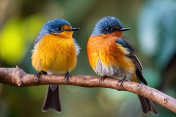 Obraz premium Happy duo birds perching on thin branch singing together. Generative AI