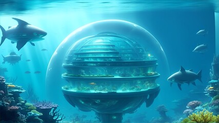 futuristic submerged megacity, underwater metropolis, underwater life