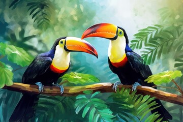 Naklejka premium Two beautiful colorful toucan birds. Generative AI.
