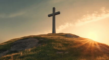 Wooden cross on the top of the mountain on the horizon