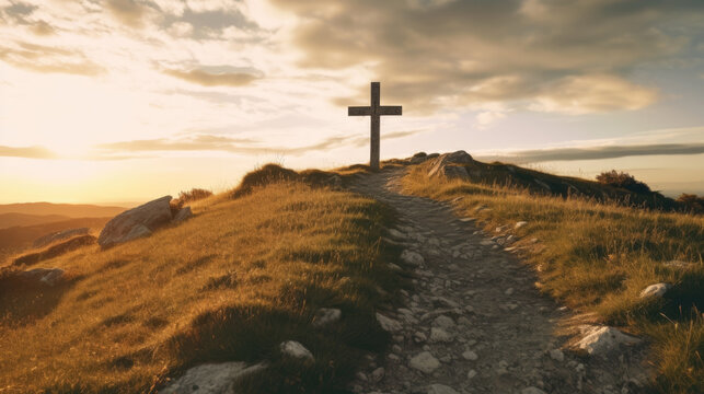 Wooden cross on the top of the mountain on the horizon