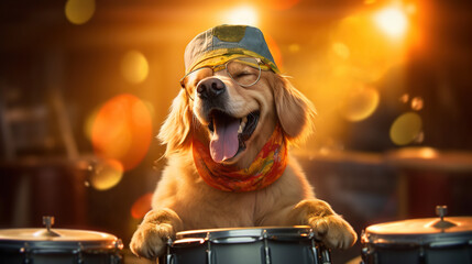 happy Golden Retriever playing bongo drums Generative AI