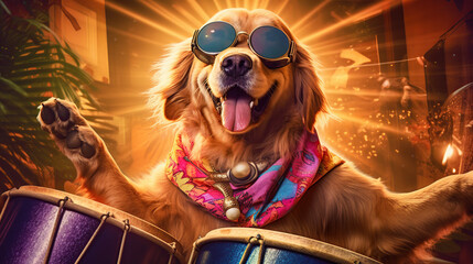 happy Golden Retriever playing bongo drums Generative AI
