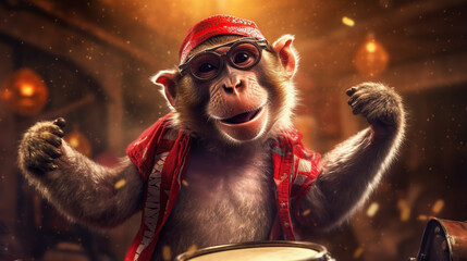 happy monkey playing bongo drums Generative AI