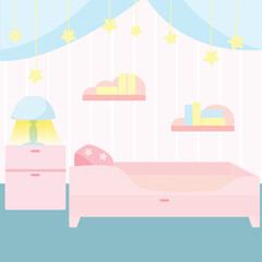 Children's room in a cartoon style. Vertical background for design. The bedroom has a bed, a bedside table and a lamp.