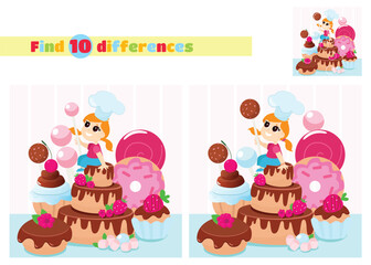 Find the differences. The girl is sitting on a huge cake with a lollipop in her hand. The child is dressed in a chef's hat. An educational game for children in elementary school or kindergarten.