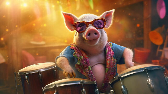 happy pig playing bongo drums Generative AI