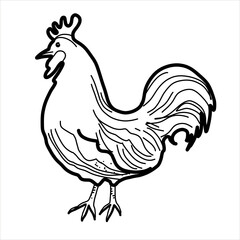 Happy chicken clipart. Farm Animals, Rooster, Hen, Bio Eggs, Coop, Chicks, Nest, Eco Village. Isolated elements. Stock illustration. Hand painted line art, doodle.