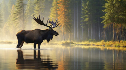 moose on water near forest at misty morning. generative ai