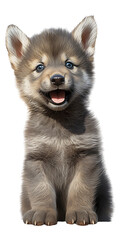 a cute, Vertical Format, Timberwolf pup, fluffy, playful, happy, healthy, and fun-loving, Wildlife-themed, photorealistic illustrations in a PNG, cutout, and isolated. Generative AI