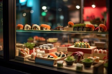 Sushi restaurant display counter with a variety of products