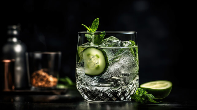 Gin Tonic Cocktail Glass with cucumber, ice, rosemary, lime, and mint. Fancy Cold Bar Craft Alcohol Drink on the Table, Dark background. generative ai